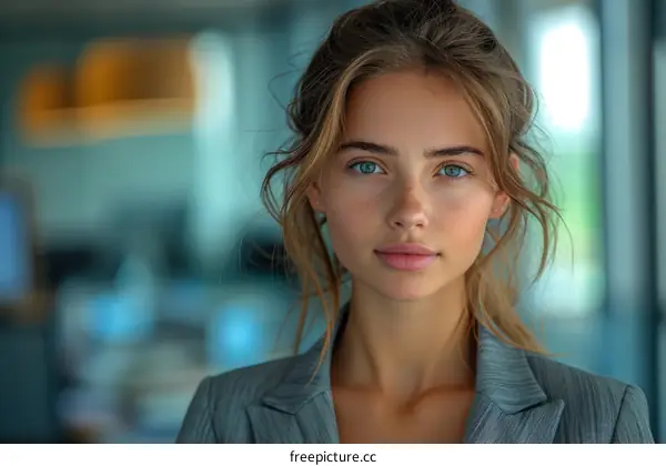 A beautiful young woman with blue eyes and freckles wearing a suit