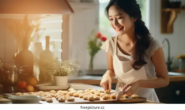 Smiling Asian woman baking cookies in the kitchen