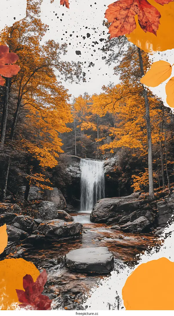 Waterfall in Autumn Forest Landscape
