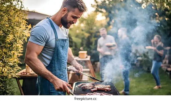 Man Grilling Meat For Friends at Barbecue
