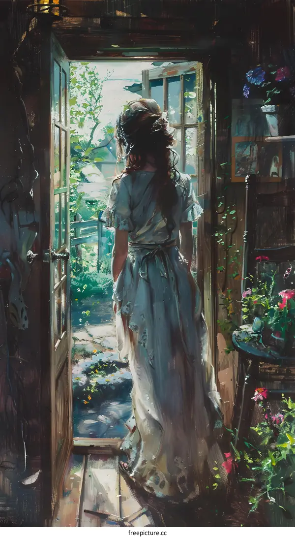A woman standing in a doorway looking out at a garden