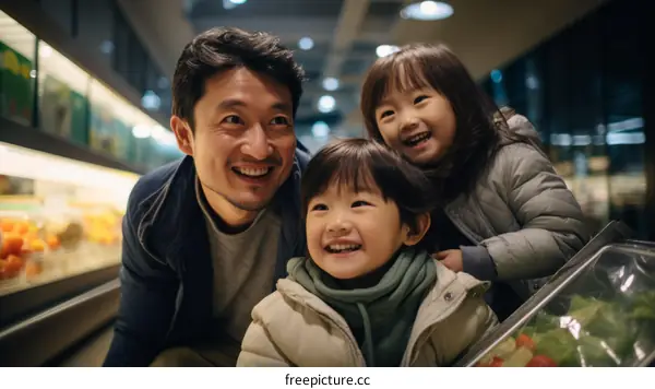 Happy Asian family of three grocery shopping together in supermarket