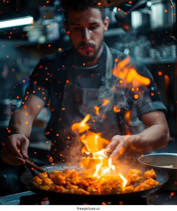 Focused male chef cooking dish with fire in kitchen