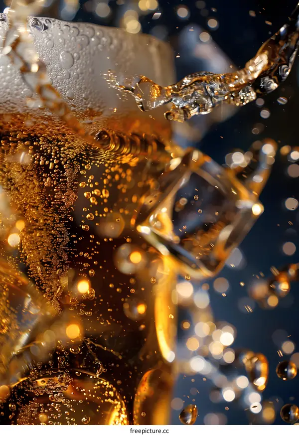 Closeup of Sparkling Beer with Ice Cube