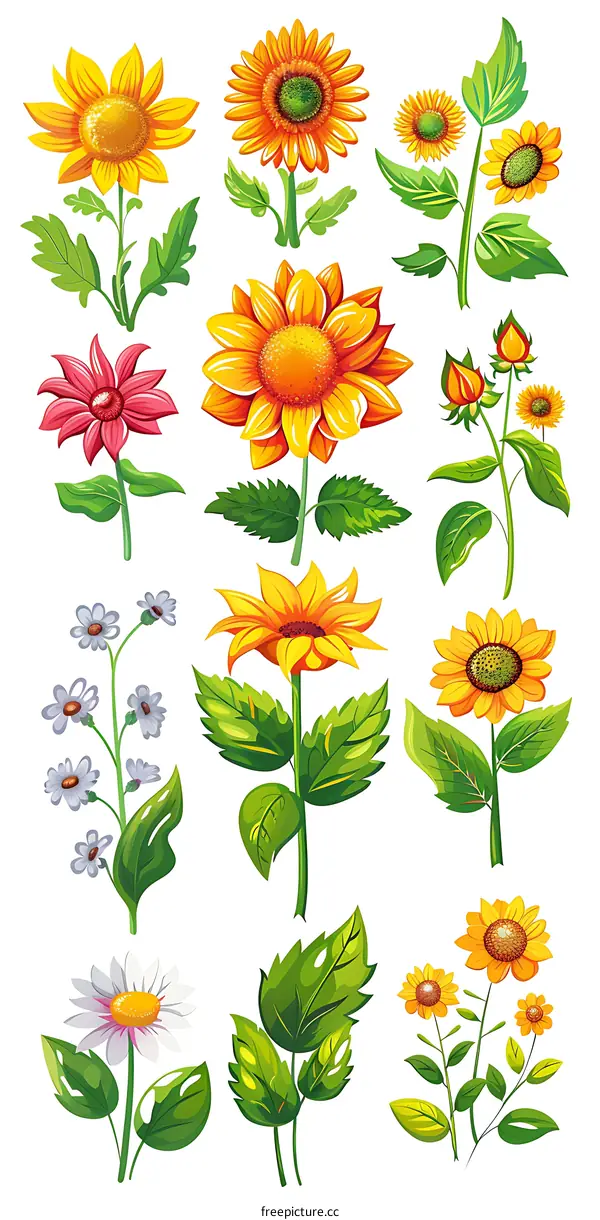 Collection of Summer Flowers, Sunflowers and Daisies, Floral Illustration