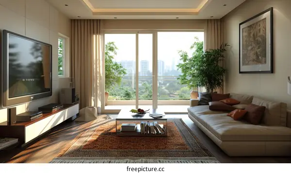 Modern Living Room with City View