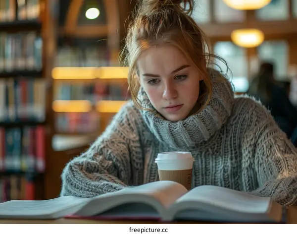 Young woman reading a book in a library