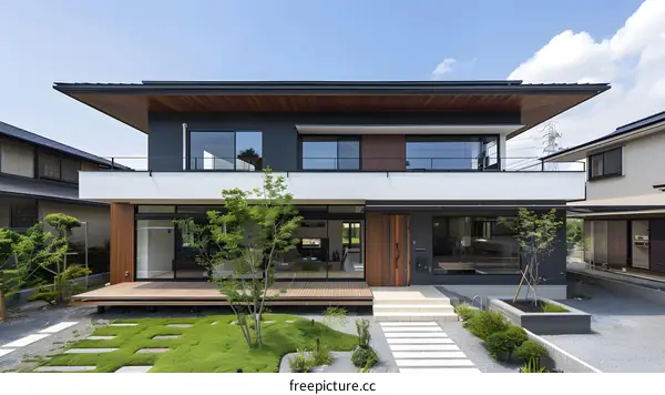 Modern Japanese House with Wooden Deck and Gravel Garden