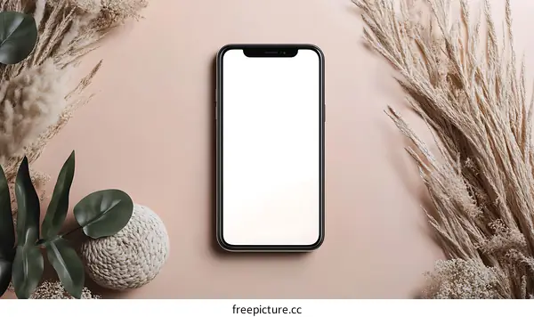 Modern Flat Lay with Phone and Dried Plants