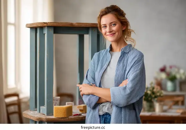 Woman Standing Confidently by a Painted Furniture Piece