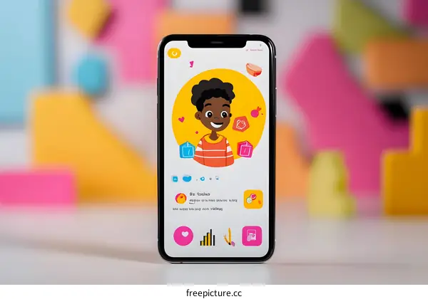 Smartphone with Cartoon Illustration of a Boy