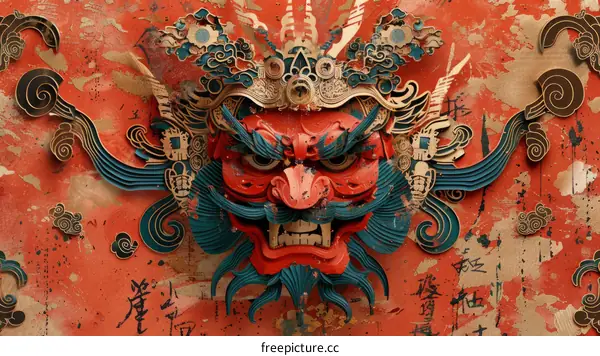 A red and green illustration of a Chinese guardian lion mask with a fierce expression
