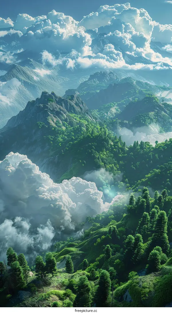 Misty Mountain Peaks and Green Rolling Hills