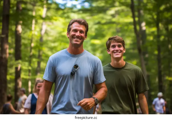 Happy father and son hiking in the woods