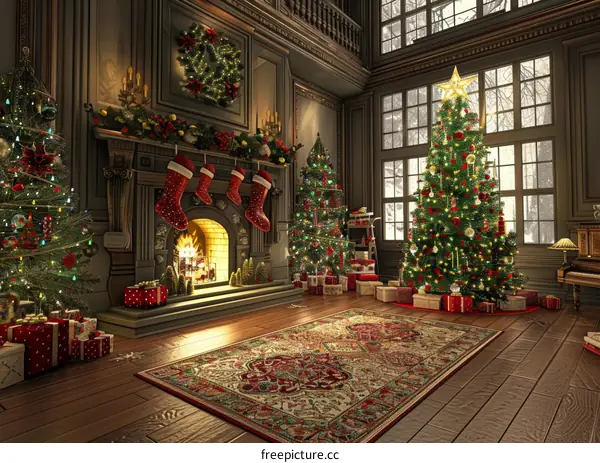 Decorated Christmas Tree in Front of White Fireplace