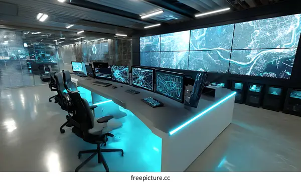 Futuristic Control Room with Multiple Screens