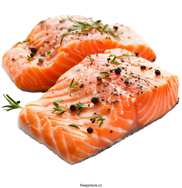 [Transparent Background PNG]Two pieces of raw salmon fillet with rosemary and peppercorns