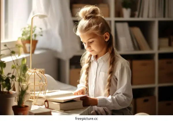 Little girl reading a book in the library