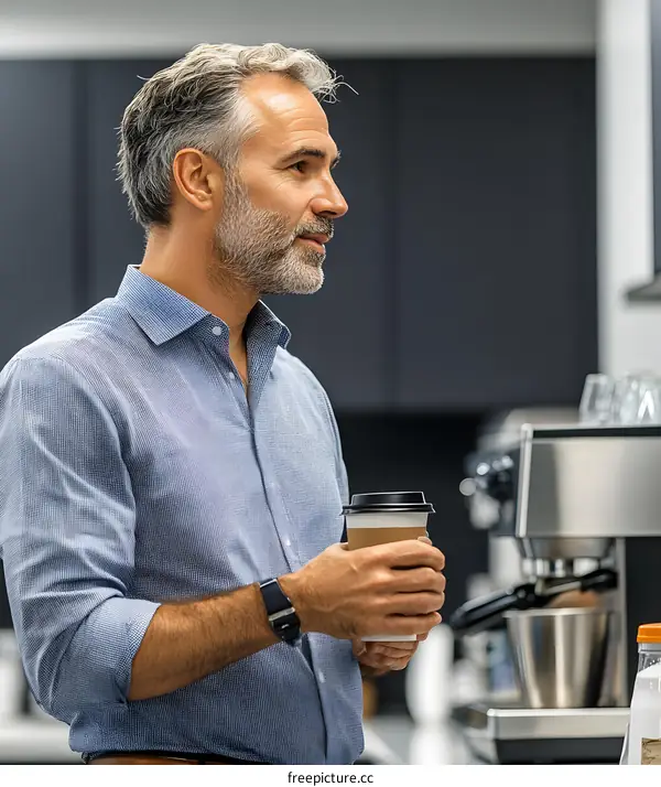 Man With Gray Hair Holding a Coffee Cup in a Modern Office