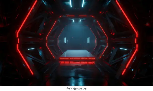 Futuristic Sci-Fi Corridor with Red Neon Lights and Dark Tones
