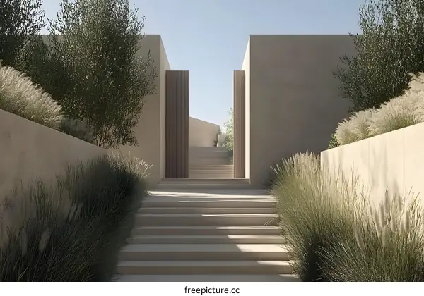 Modern Minimalist Concrete Entrance with Grass and Olive Trees
