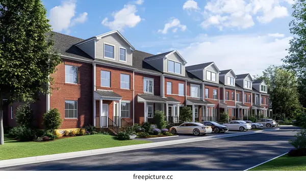 Modern Row Houses With Green Lawn and Sky