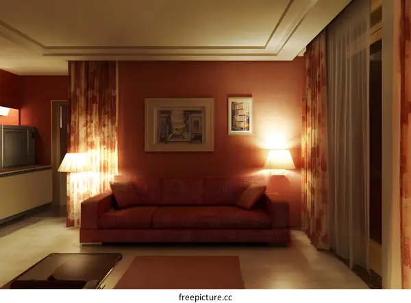 Modern Living Room Interior Design with Red Sofa and Lamps