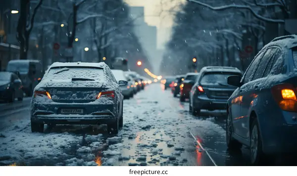 Snowy city street with cars parked on either side