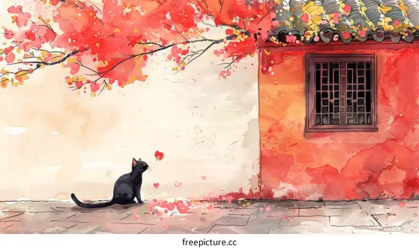 Watercolor Black Cat by a Red Brick Wall with Falling Leaves