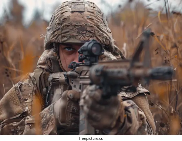 Ukrainian soldier aiming his rifle