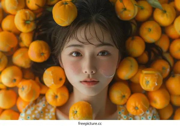 Portrait of a Young Woman Lying in a Pile of Oranges