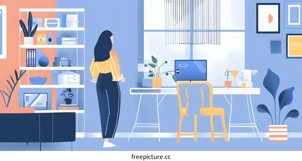 Woman Standing In Front of Computer Desk Home Office Illustration