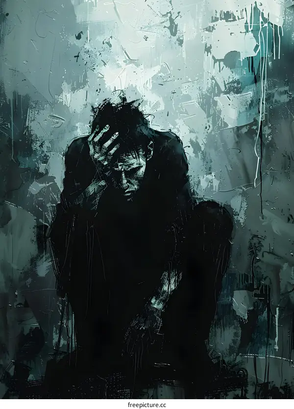 A dark figure sits with his head in his hands