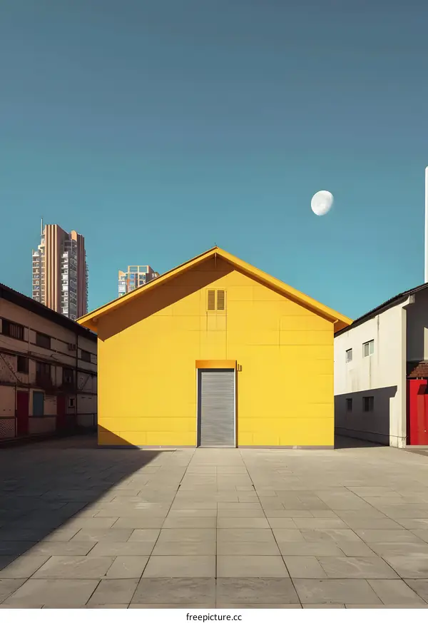 Yellow Building in City with Moon in Sky