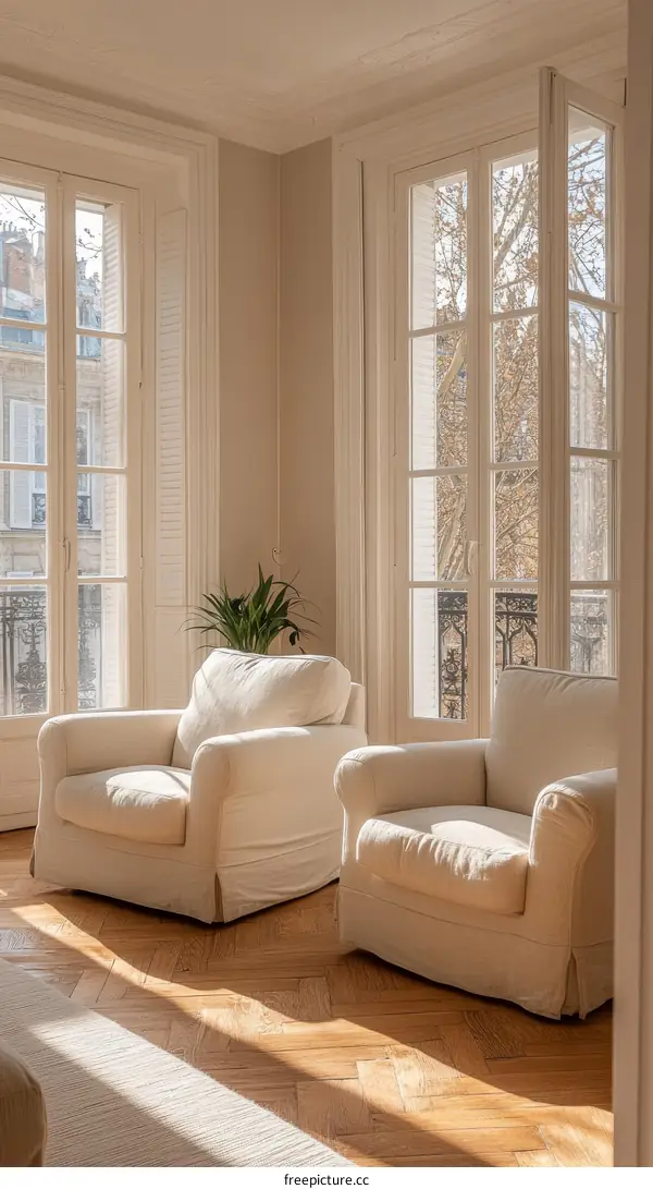 Elegant Parisian Living Room with Sunlit Wood Flooring