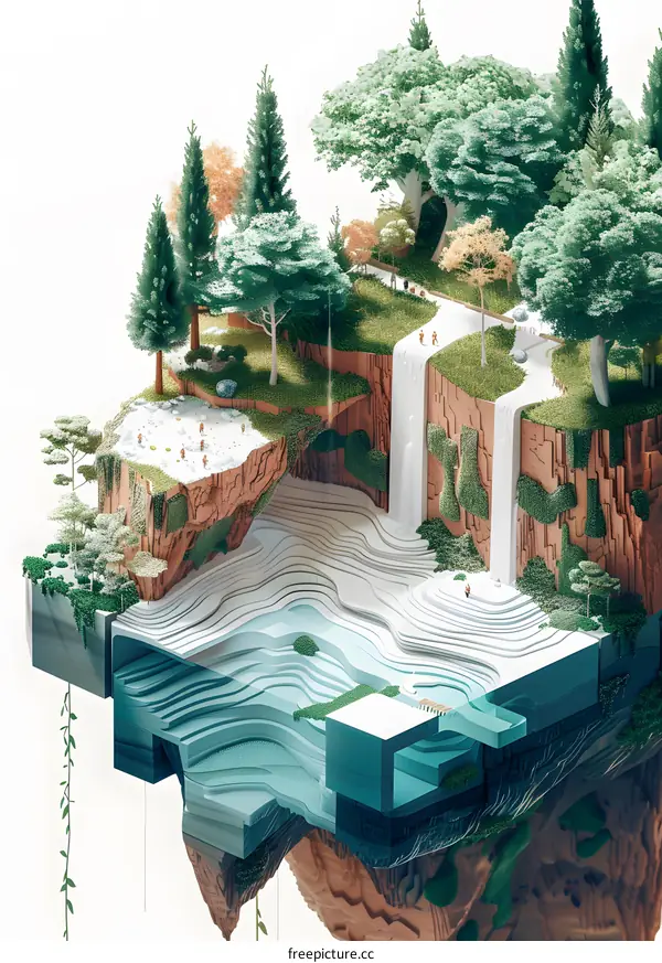 Abstract Landscape with Waterfall and Trees