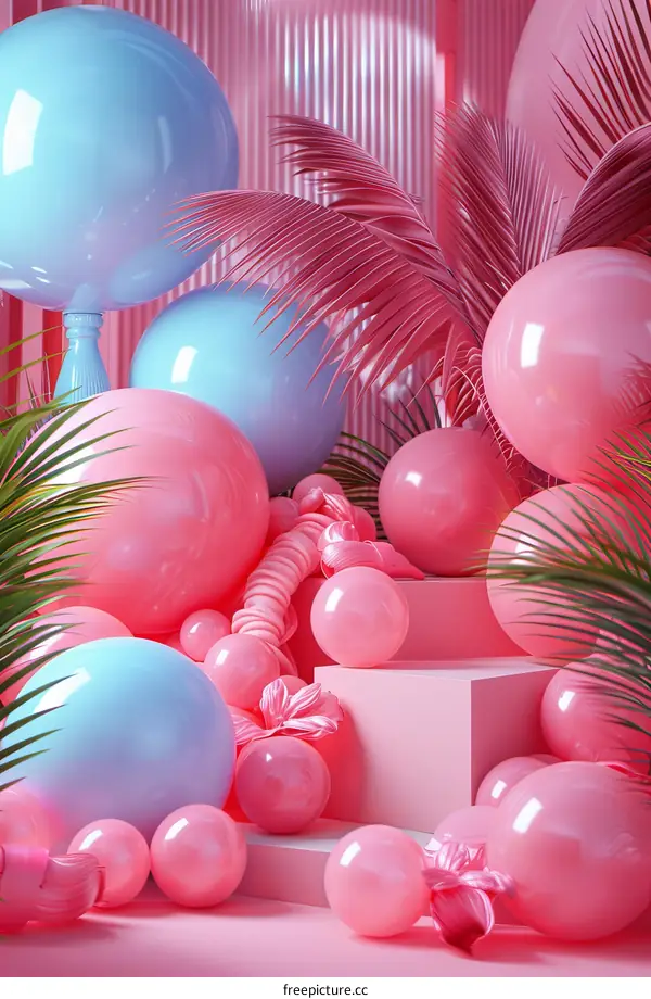 Pink and Blue Balloon Scene Illustration