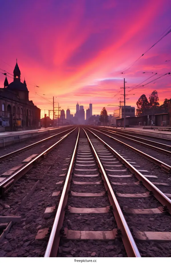 Railway tracks leading to a city skyline at sunset