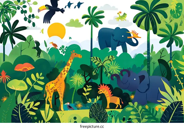 Tropical Jungle with Giraffe and Elephant Illustration