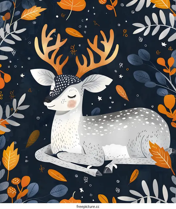Sleeping Deer in Autumn Forest Illustration