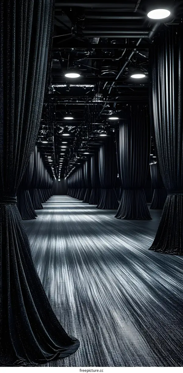 Black Curtains Corridor with Lighting
