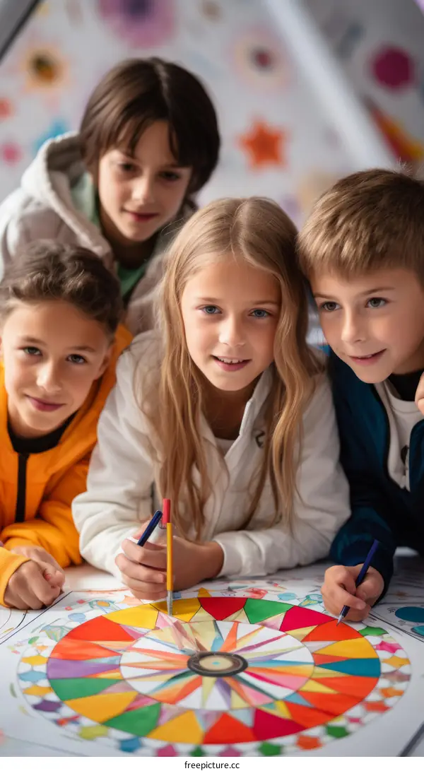 Four children drawing on a large colorful wheel