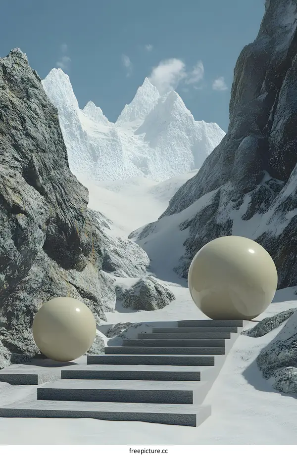 3D Render of Snow Mountains and Spheres