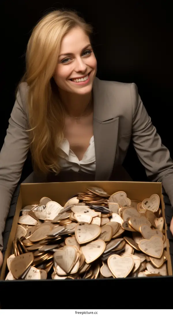 Beautiful smiling woman with box full of heart shaped candies