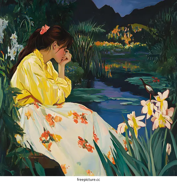 Woman Sitting by the Lake in a Garden Painting