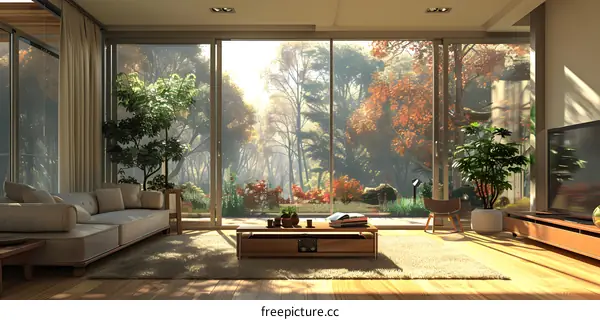 A modern living room with a large glass window looking out onto a beautiful fall forest