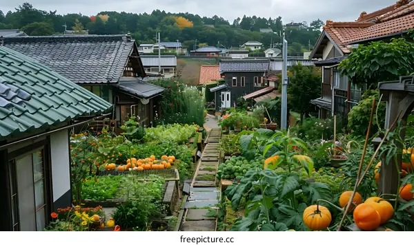 A narrow alleyway in a Japanese village with traditional houses and gardens
