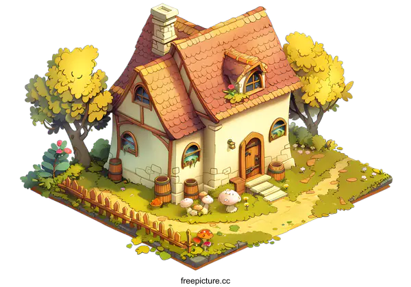 [Transparent Background PNG]Cute Cartoon Style Illustration Of A Small House With Garden And Mushrooms