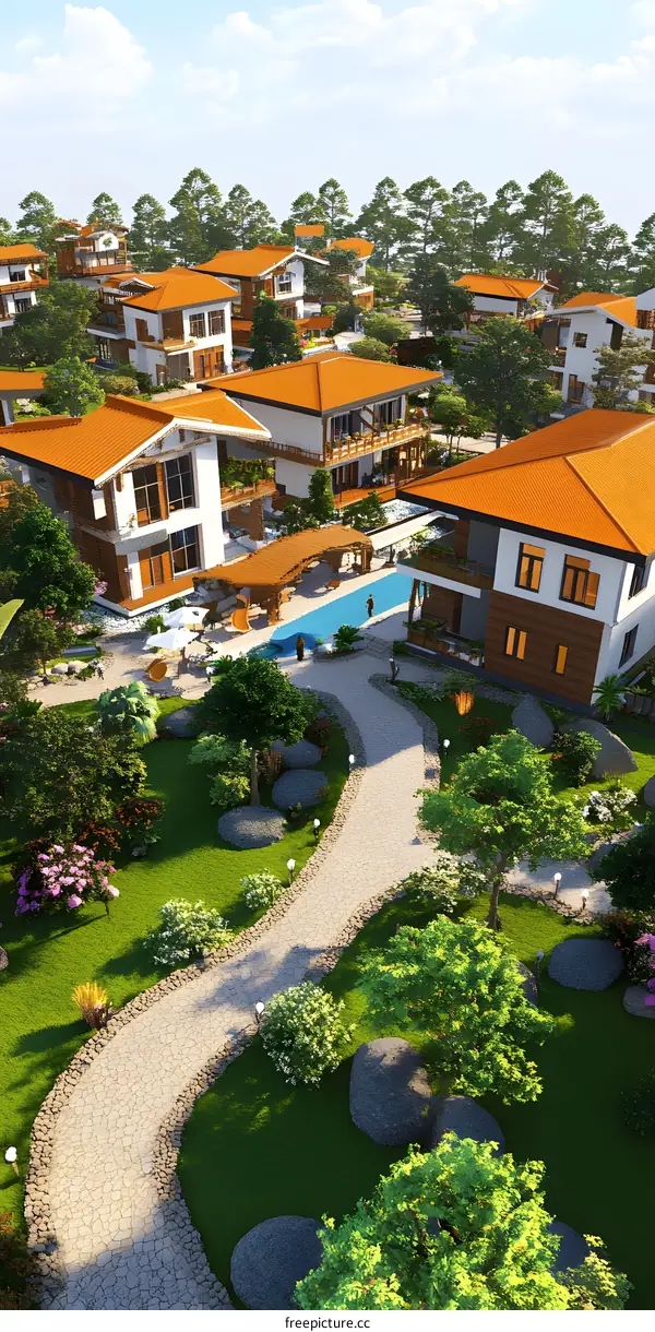 Aerial View of Luxury Resort with Swimming Pool and Landscaping