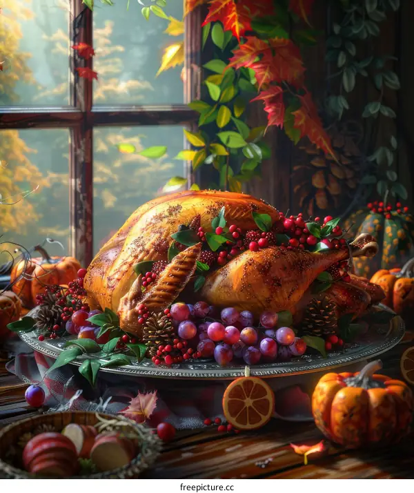 Roasted Thanksgiving Turkey Dinner Scene Illustration